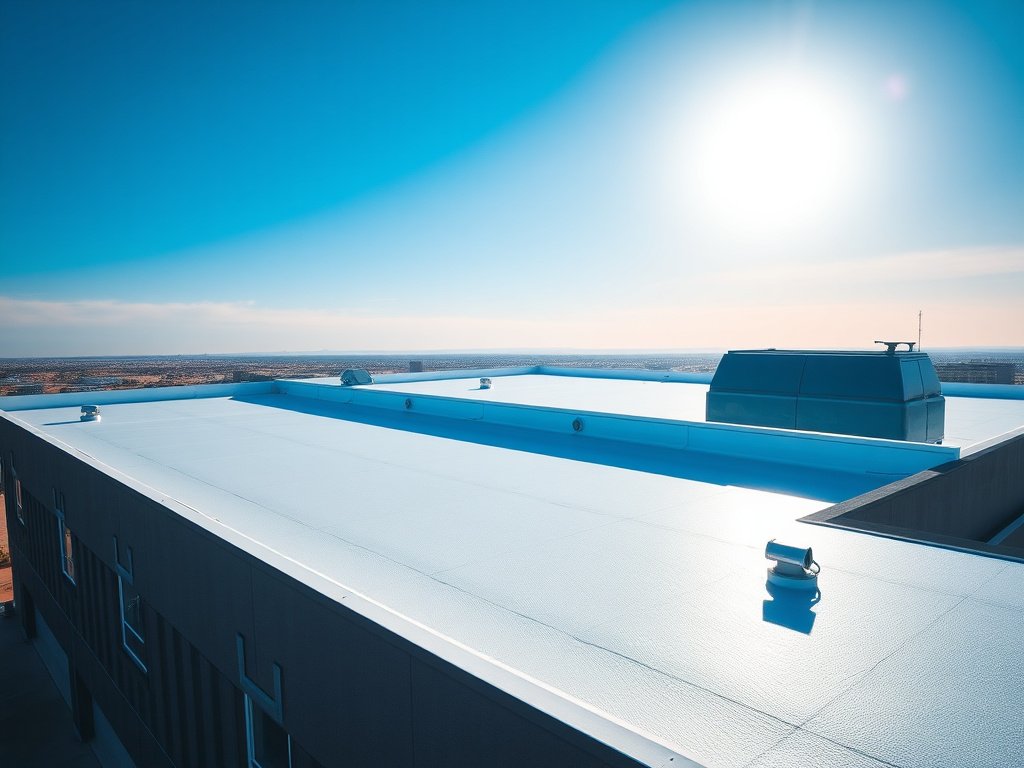 Bright reflective white cool-roof coating on a Phoenix commercial building against a blue sky