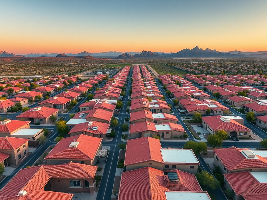 Aerial view of a Phoenix master-planned community with tile and foam roofs meeting HOA color rules