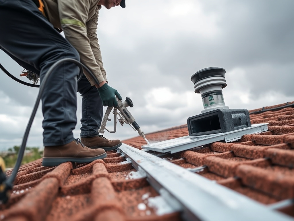Technician repairing a roof penetration leak with spray foam on a Phoenix rooftop